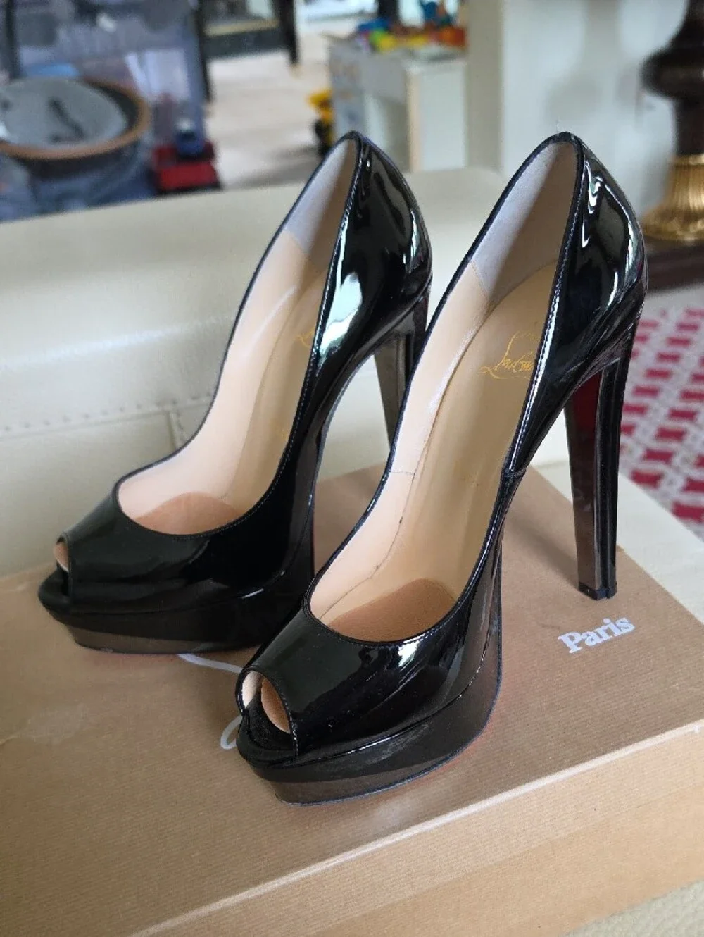 Christian Louboutin Black Patent Peep-Toe Platform Heels